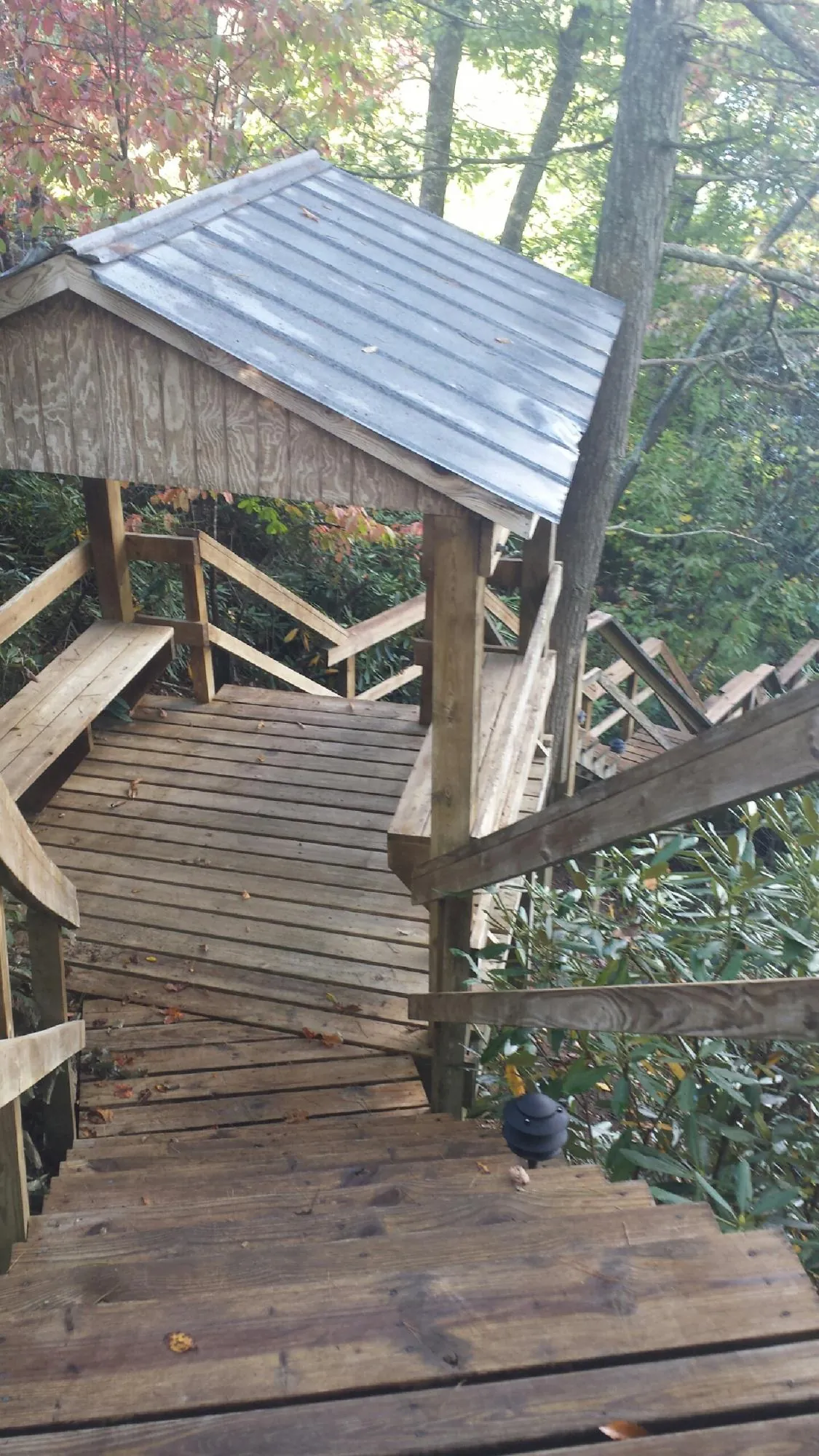Metal roofed shelter over wooden steps on a wooded walkway — Skylight Repair & Installation work by our crew in Saint John